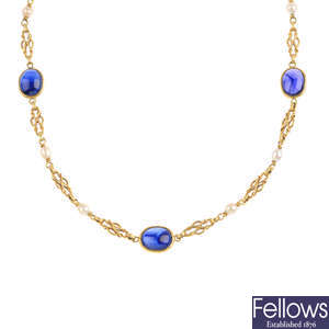 A sapphire and seed pearl necklace.