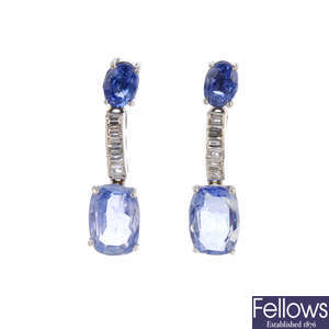 A pair of Ceylon sapphire and diamond earrings.