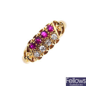 An Edwardian 18ct gold ruby and diamond dress ring.