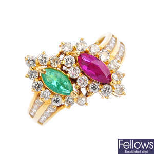An emerald, ruby and diamond ring.