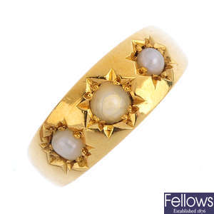 An early 20th century 18ct gold cultured pearl three-stone ring.