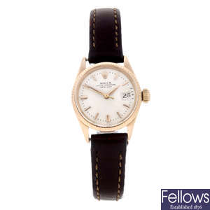 ROLEX - a lady's 18ct rose gold Oyster Perpetual Datejust wrist watch.