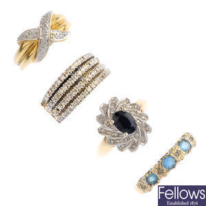 Four 9ct gold diamond and gem-set dress rings.