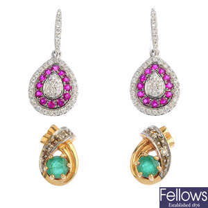 Two pairs of diamond and gem-set earrings and a diamond and cultured pearl pendant.