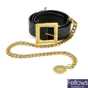CHANEL - a vintage leather belt with chain drop.