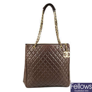CHANEL - a vintage brown quilted lambskin leather handbag.