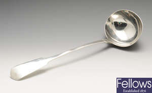 A William IV Irish silver soup ladle in Fiddle pattern.