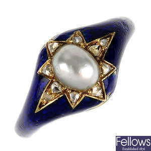 A mid Victorian diamond, split pearl and enamel ring.