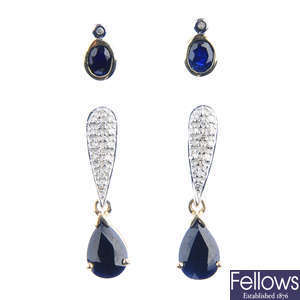 Two pairs of sapphire and diamond earrings.