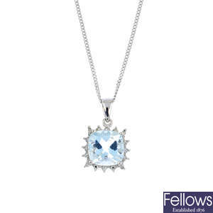 A 9ct gold aquamarine and diamond pendant, with chain.
