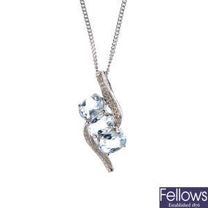 A 9ct gold aquamarine and diamond pendant, with a 9ct gold chain.