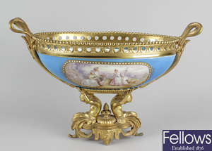 A late 19th century French Sevres style porcelain and ormolu mounted pedestal bowl.