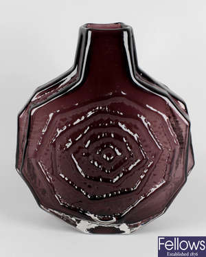 A Geoffrey Baxter for Whitefriars textured banjo glass vase in aubergine.