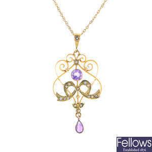 An early 20th century gold amethyst and pearl pendant, with later 9ct gold chain.