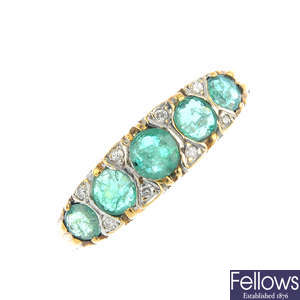 A 9ct gold emerald and diamond five-stone ring.