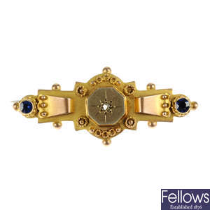 An early 20th century 9ct gold sapphire and diamond brooch. 