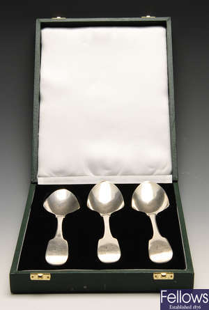A cased set of three George IV Irish silver serving spoons, etc.