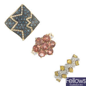 Three 9ct gold gem-set dress rings.