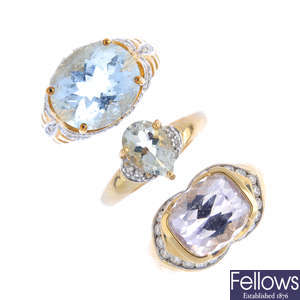 Three 9ct gold diamond and gem-set dress rings.