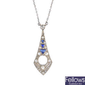 An Art Deco diamond and sapphire pendant mount, with chain.