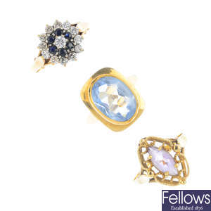 Five 9ct gold gem-set dress rings.