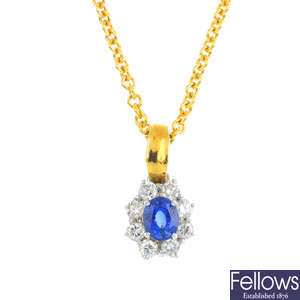 A sapphire and diamond cluster pendant, with 18ct gold chain.