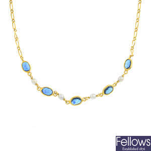 A sapphire and seed pearl necklace.
