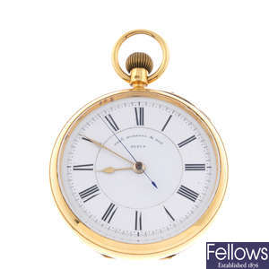 An 18ct yellow gold open face centre seconds pocket watch by T.Russell & Son.