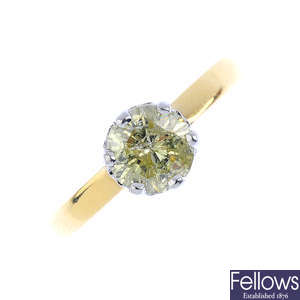 An 18ct gold 'yellow' diamond single-stone ring.