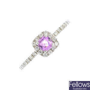 An 18ct gold pink sapphire and diamond cluster ring.