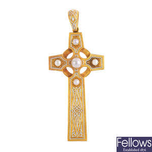 A late Victorian 18ct gold, enamel and split pearl Celtic cross pendant.
