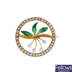 A mid 20th century gold enamel and seed pearl brooch.