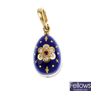 FABERGE - a diamond, ruby and enamel egg pendant.