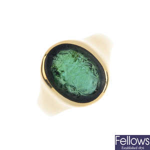 A mid 20th century gold tourmaline signet ring.