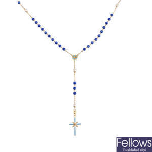 An enamel and cultured pearl rosary necklace.