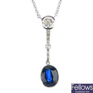 A sapphire and diamond pendant, on chain