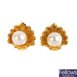GARRARD - a pair of 18ct gold cultured pearl shell earrings.