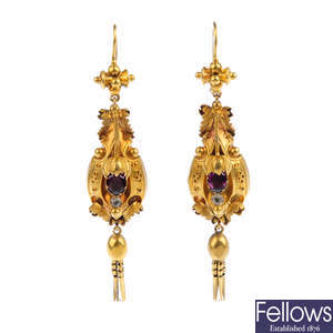 A pair of mid Victorian gold garnet and colourless gem earrings.