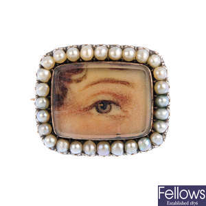 An early 19th century gold, portrait miniature and split pearl lover's eye brooch.