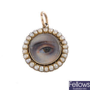 An early 19th century gold, portrait miniature split pearl lover's eye brooch.