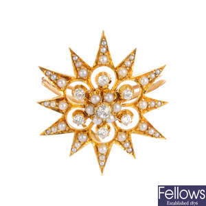 An early 20th century gold diamond and split pearl star brooch.