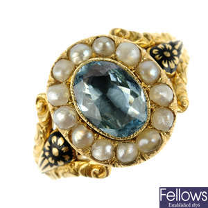 An early Victorian 18ct gold aquamarine, split pearl and enamel memorial ring.