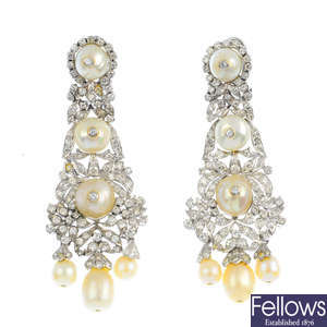 A cultured pearl and diamond earrings