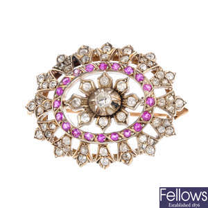A late 19th century silver and gold, ruby and diamond brooch.