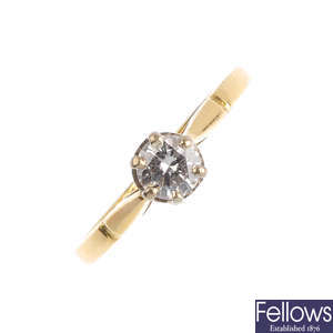 A mid 20th century gold diamond single-stone ring.
