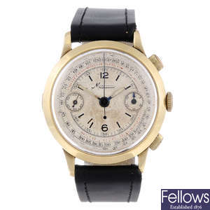 MINERVA - a gentleman's yellow metal chronograph wrist watch.