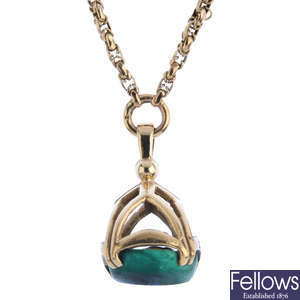 A 9ct gold malachite fob, and early 20th century gold chain.