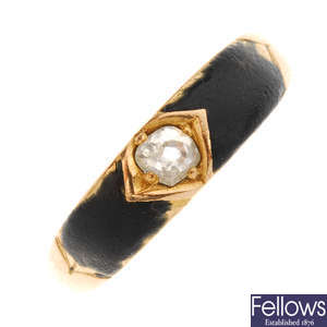 A late Victorian 18ct gold diamond and enamel ring.