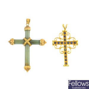 Two sapphire and jade cross pendants.