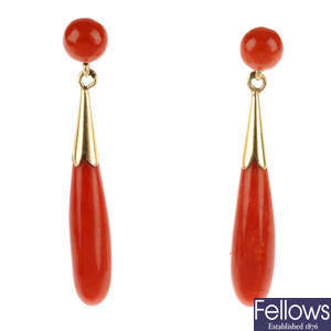 A pair of coral earrings.